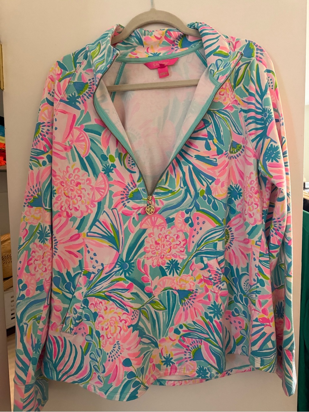 Lily Pulitzer Tropical Floral Half-Zip Pullover in Pink & Teal